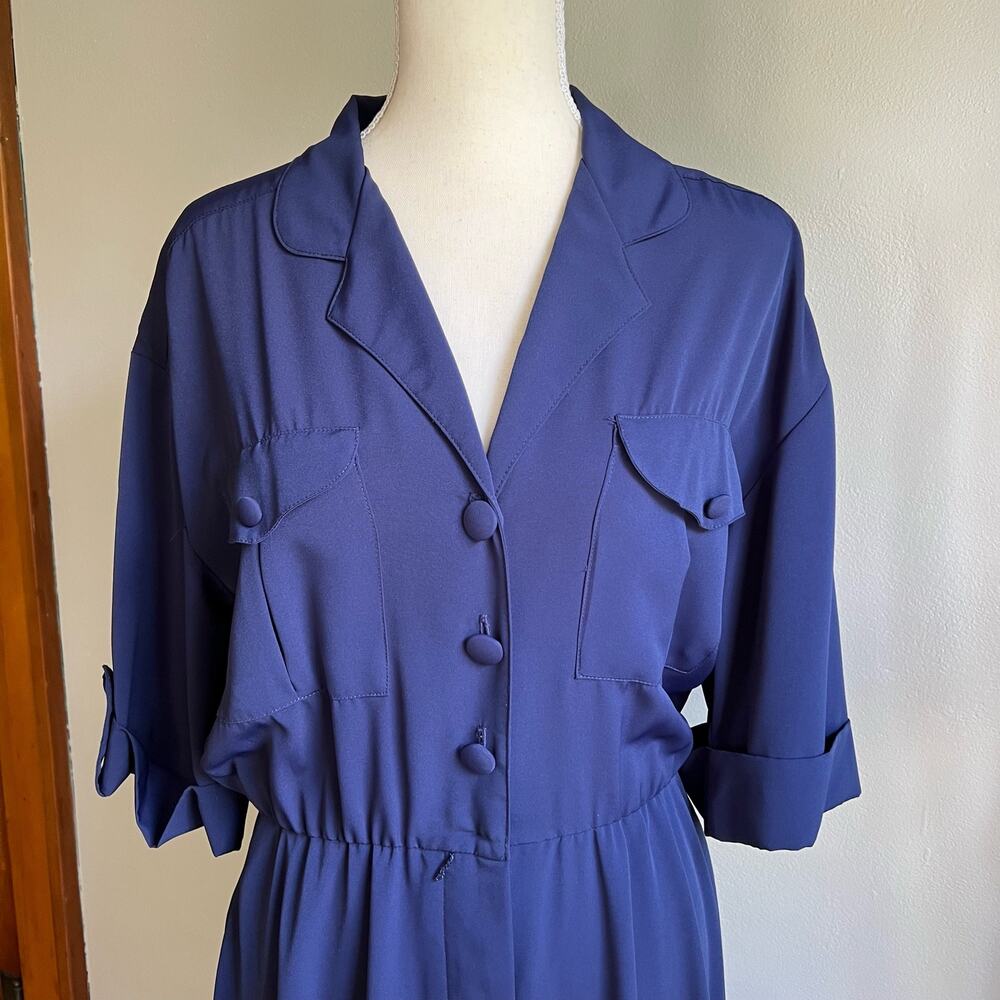 Impressions 80s Vintage Shirt Dress Button Front Pockets Size 8 Navy Blue A Line - Picture 5 of 10